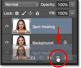 Dragging the Background layer onto the New Layer icon while holding Alt (Win) / Option (Mac). Image © 2016 Steve Patterson, Photoshop Essentials.com