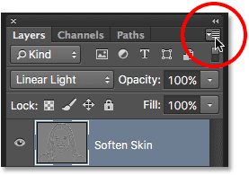 Clicking the Layers panel menu icon. Image © 2016 Steve Patterson, Photoshop Essentials.com