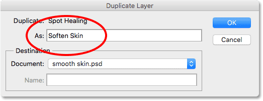 Naming the duplicate layer Soften Skin. Image © 2016 Steve Patterson, Photoshop Essentials.com