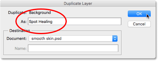 The Duplicate Layer dialog box. Image © 2016 Steve Patterson, Photoshop Essentials.com