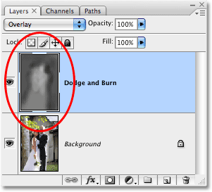 Layers パレットに表示されたレイヤープレビュサムネイル。 Image © 2008 Photoshop Essentials.com.