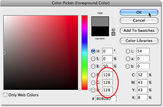 Le sélecteur de couleurs dans Photoshop. Image © 2008 Photoshop Essentials.com.