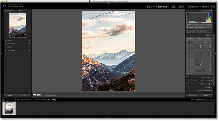 A JPEG photo open in the Develop module in Adobe Lightroom CC. 