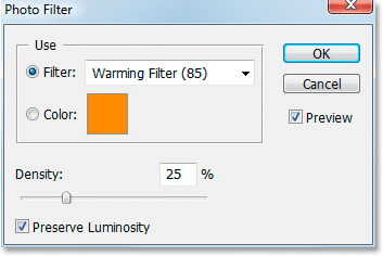 Photoshop's Photo Filter dialog box.