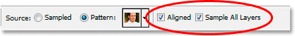 The Aligned and Sample All Layers options in the Options Bar.
