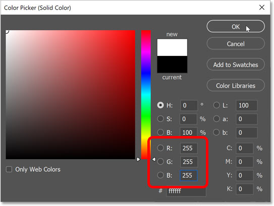 Choosing white from Photoshop's Color Picker.