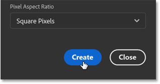 Clicking the Create button in Photoshop's New Document dialog box.