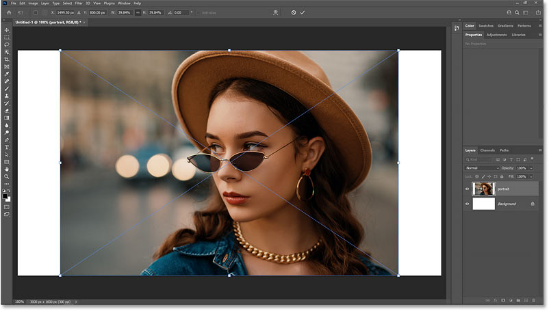 The Free Transform command opens automatically after placing the image into the Photoshop document.