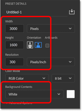 as configurações para o novo documento do Photoshop