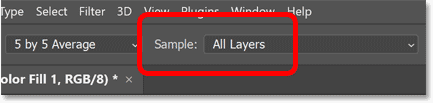 Making sure the Sample option is set to All Layers in Photoshop's Options Bar