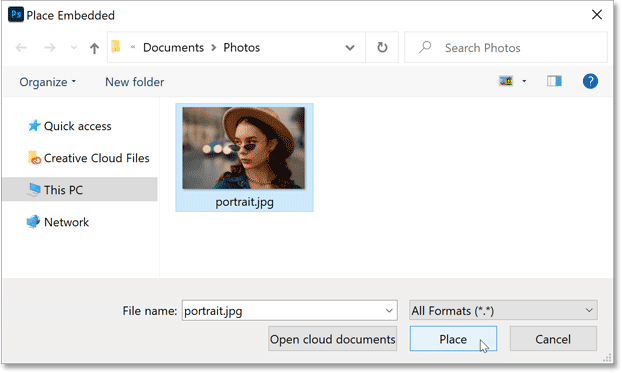 Selecting and placing the image into the Photoshop document.