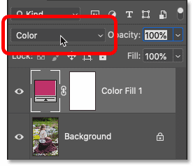 Changing the Solid Color fill layer's blend mode to Color in Photoshop's Layers panel.