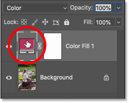 Double-clicking the fill layer's color swatch in Photoshop's Layers panel.