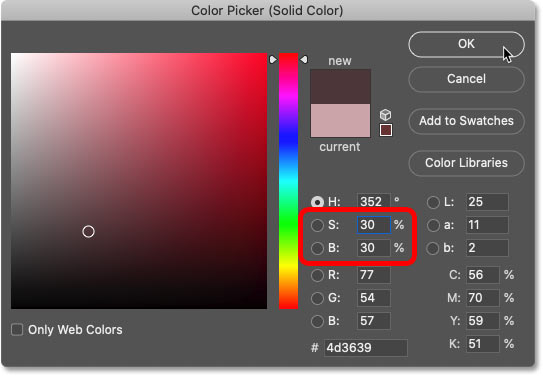 Lowering the saturation and brightness of the sampled color in Photoshop's Color Picker.