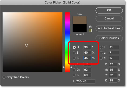 Choosing a sepia color from Photoshop's Color Picker.