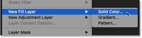 Adding a Solid Color fill layer from the Layer menu in Photoshop