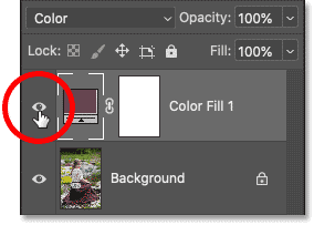 Clicking the fill layer's visibility icon to turn the monochromatic color effect on and off.