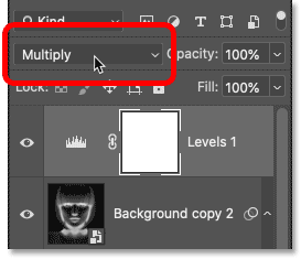 Changing the blend mode of the Levels adjustment layer to Multiply. 