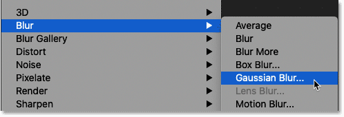 Selecting the Gaussian Blur filter in Photoshop.