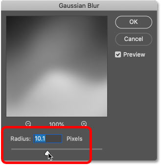 Setting a low radius value in Photoshop's Gaussian Blur dialog box.