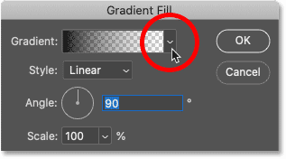 Clicking the arrow to the right of the gradient swatch in Photoshop's Gradient Fill dialog box.