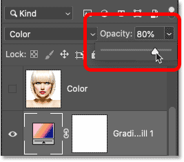 Lowering the opacity of the Gradient Fill layer.