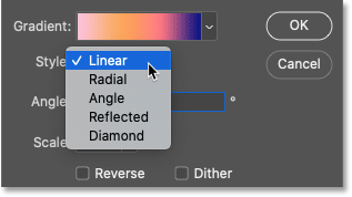 The gradient style options in Photoshop