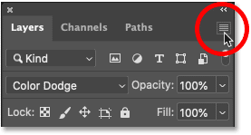 Clicking the menu icon in Photoshop's Layers panel.