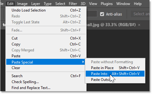 Choosing the Paste Into command in Photoshop.