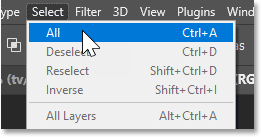 Choosing the Select All command in Photoshop.