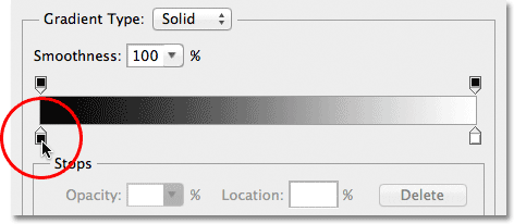 Editing the black color stop in the Gradient Editor.