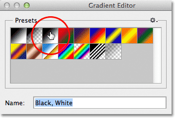 Selecting the Black, White gradient in the Gradient Editor in Photoshop.