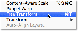 Selecting the Free Transform command in Photoshop.