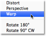 Selecting the Warp command from the Edit menu in Photoshop.