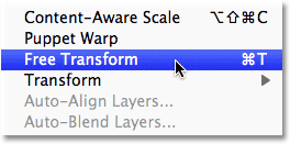 Selecting the Free Transform command in Photoshop.