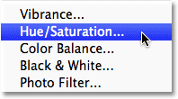 Choosing a Hue/Saturation adjustment layer in Photoshop.