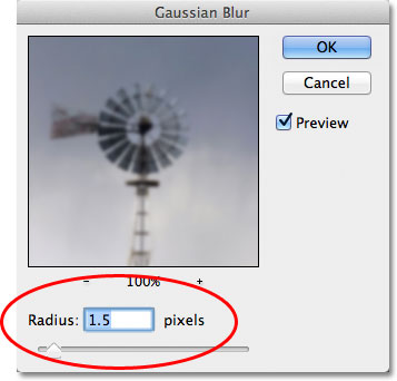 شاشة مرشح Gaussian Blur في Photoshop.