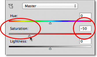 Lowering the Saturation value for the Hue/Saturation adjustment layer.