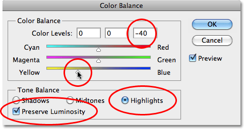 تلوين الإبرازات باستخدام ضبط Color Balance في Photoshop.