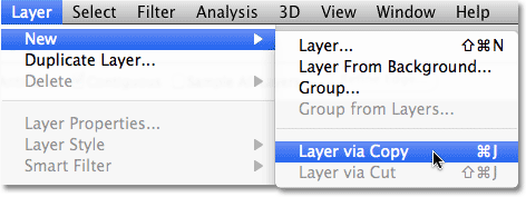 The New Layer via Copy command in Photoshop. Image © 2010 Photoshop Essentials.com.