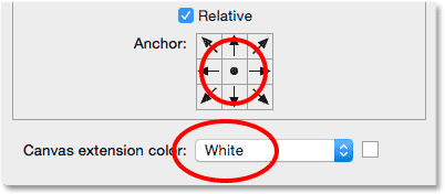 The Anchor grid and Canvas extension color options in the Canvas Size dialog box.