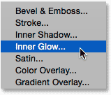 Selecting an Inner Glow layer effect.