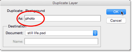 تسمية الطبقة الجديدة في مربع الحوار Duplicate Layer.