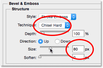 The Technique and Size options for the Bevel and Emboss layer effect.