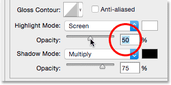 Lowering the Highlight Opacity value to 50% for the Bevel and Emboss layer effect.