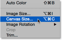 Selecting the Canvas Size command from under the Image menu.