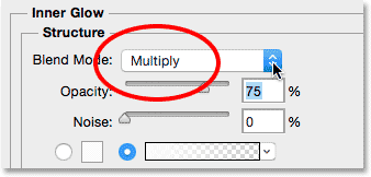 Changing the blend mode for the Inner Glow layer effect to Multiply.