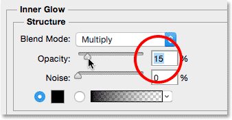 قيمة Opacity لتأثير Inner Glow.