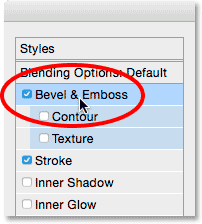 Selecting a Bevel and Emboss layer effect.