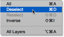 Choosing the Deselect command from under the Select menu.